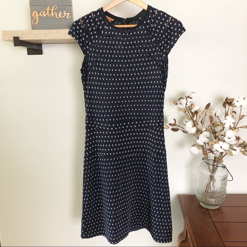 Tory Burch Navy & White Print Cap Sleeve Dress